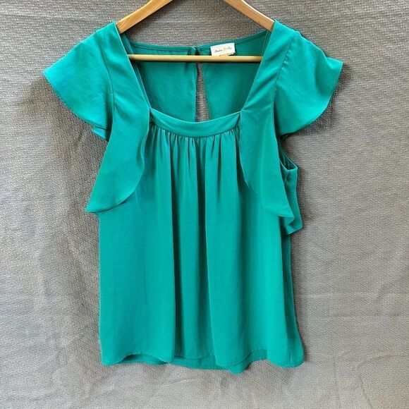 Meadow Rue 6 Blouse Green-Blue Square-neck Tank Ruffles Open Back Flutter Anthro - Picture 2 of 12
